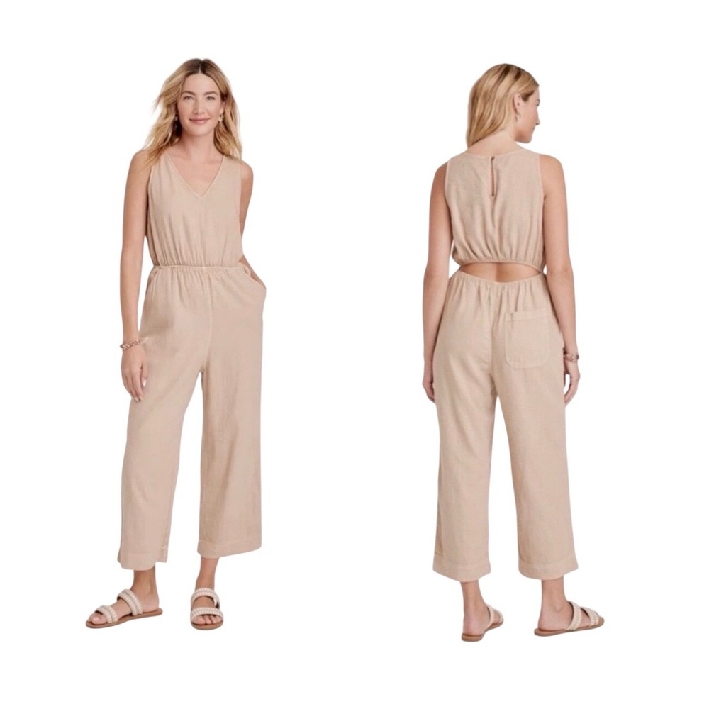 Universal Thread Tan Linen Blend Back Cutout Wide Leg Jumpsuit Womens Size M